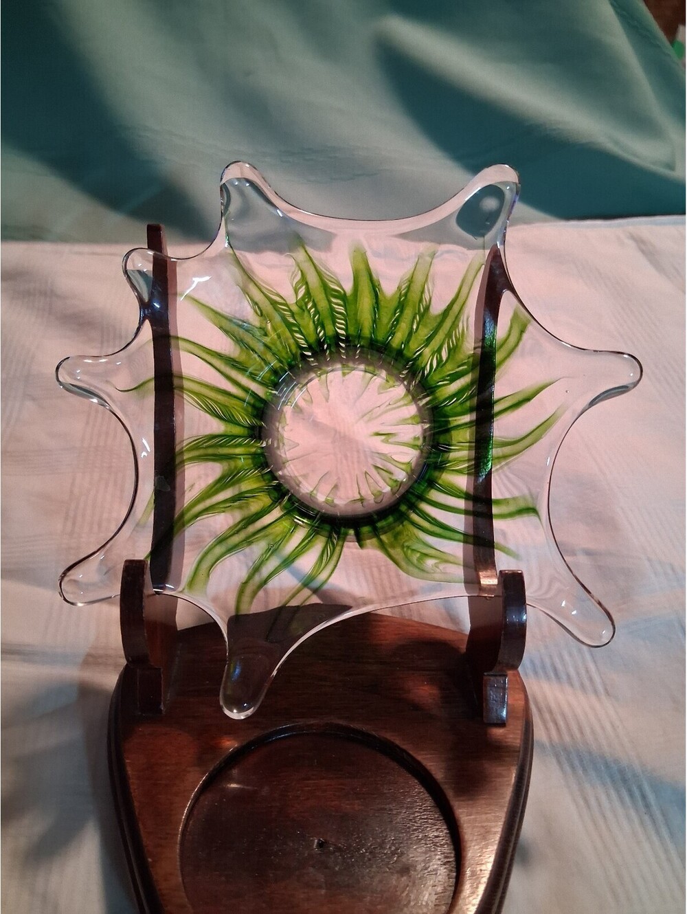 Vintage Green and Clear Art Glass Bowl with Starburst Design
